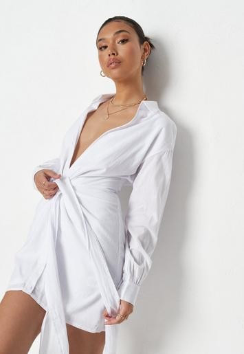 White Stripe Plunge Tie Waist Shirt Dress | Missguided (US & CA)