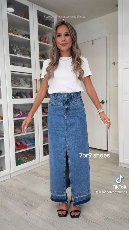 How to style Maxi denim skirt in the summer with different shoes. Heel sandals, flat sandals, mule heels, ankle boots, knee high boots. Classic minimal style with white tee shirt. 

#LTKshoecrush #LTKstyletip #LTKunder100