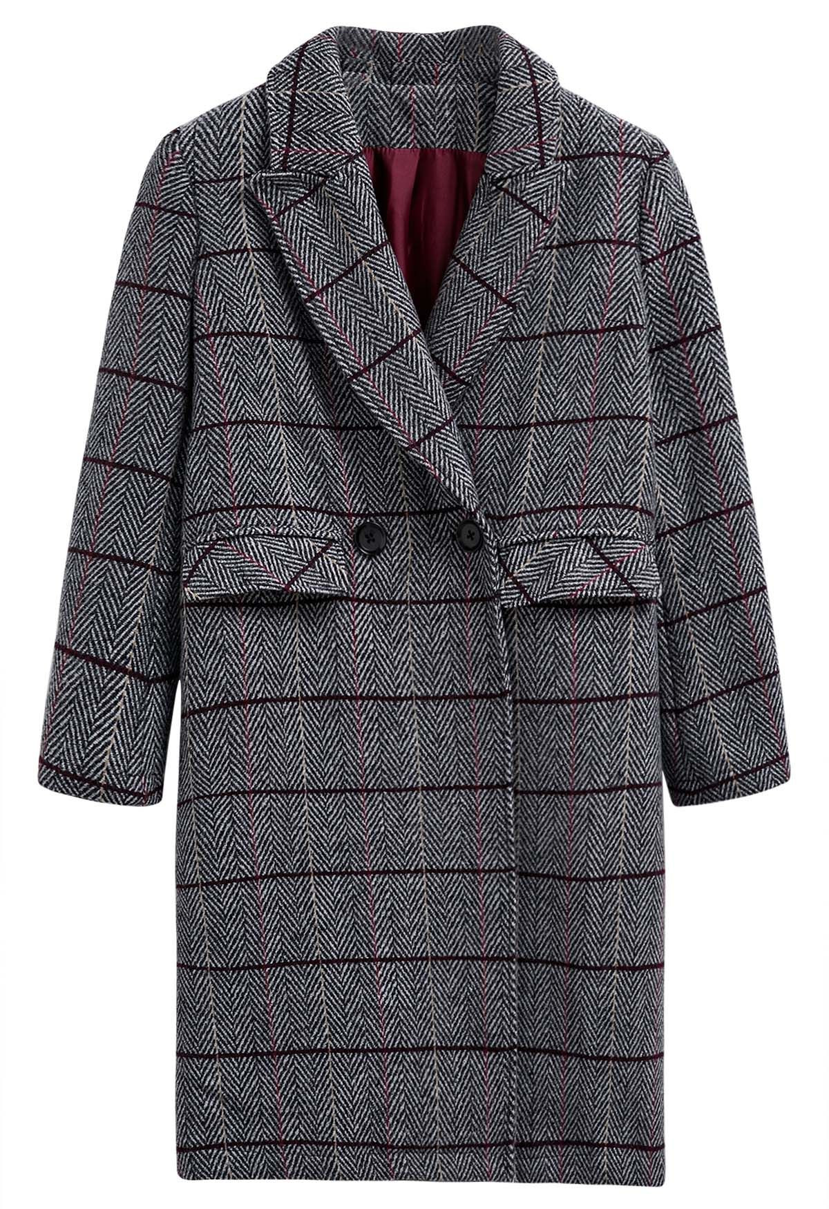 Herringbone Pattern Flap Pocket Longline Coat | Chicwish