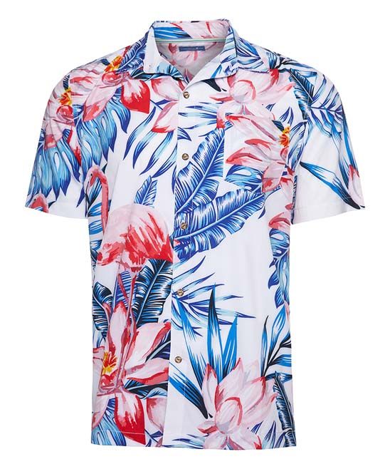 Caribbean Joe Men's Button Down Shirts PINK - Pink & Blue Flamingo Floral Short-Sleeve Button-Up - M | Zulily
