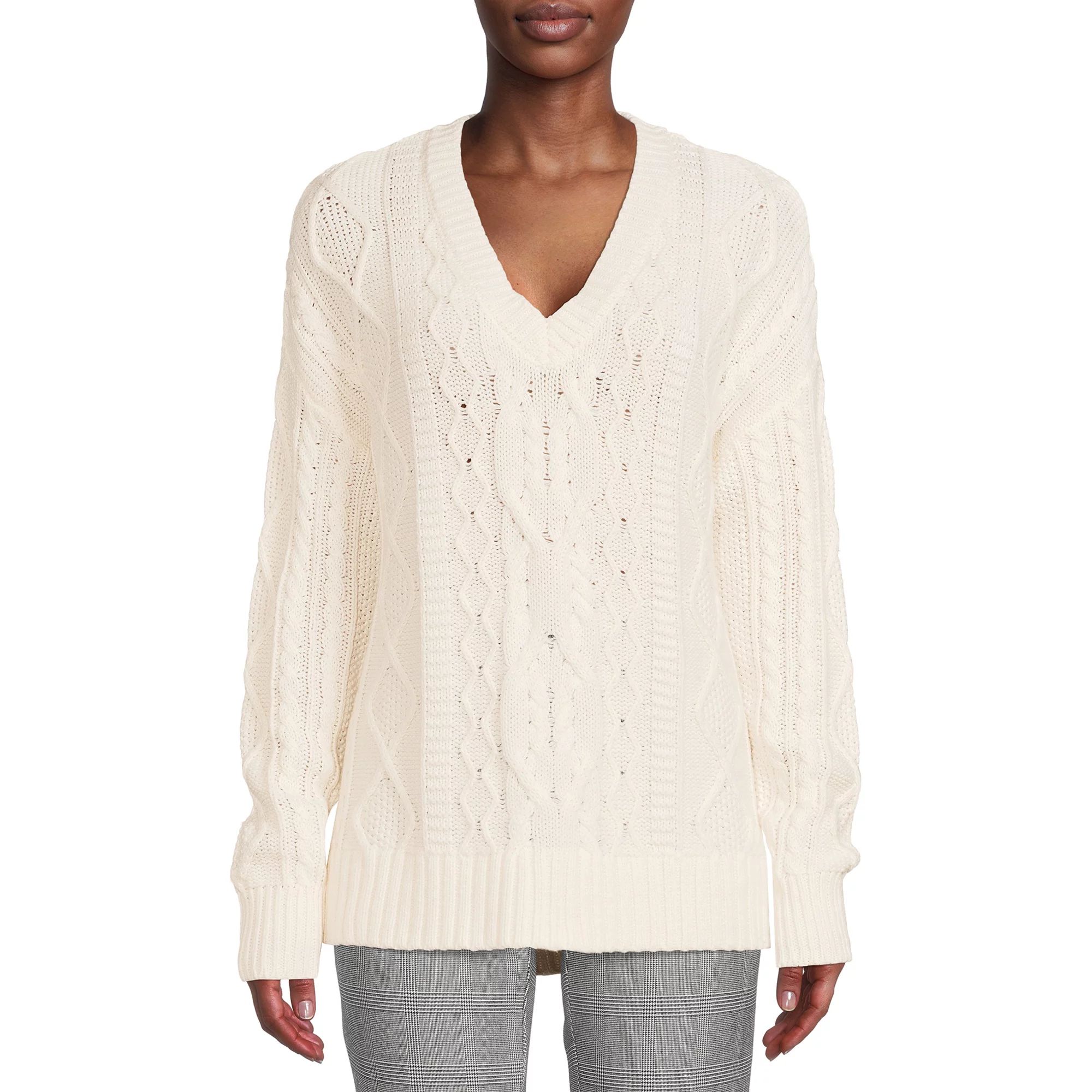 Time and Tru - Time and Tru Women’s Cable Sweater with V-Neck - Walmart.com | Walmart (US)