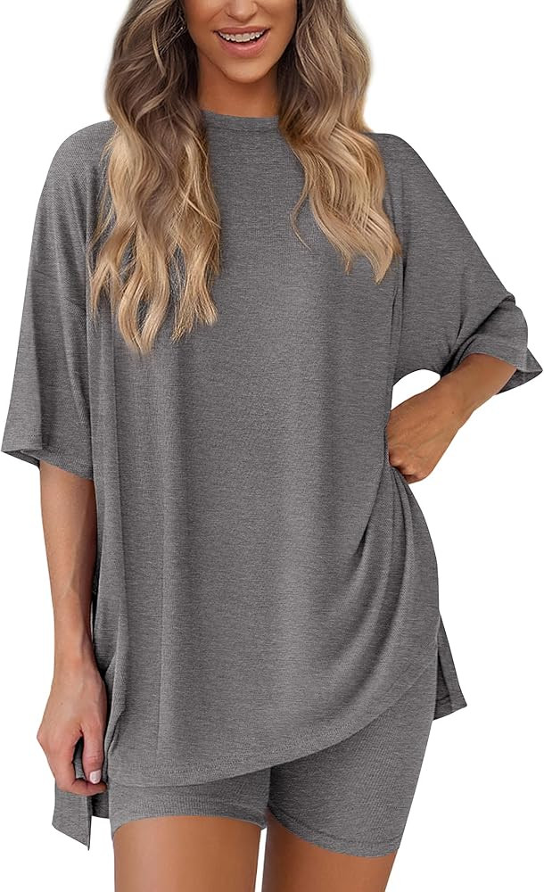 PRETTYGARDEN Women's Two Piece Lounge Set 2025 Summer Casual Oversized Shirts Biker Shorts Matchi... | Amazon (US)