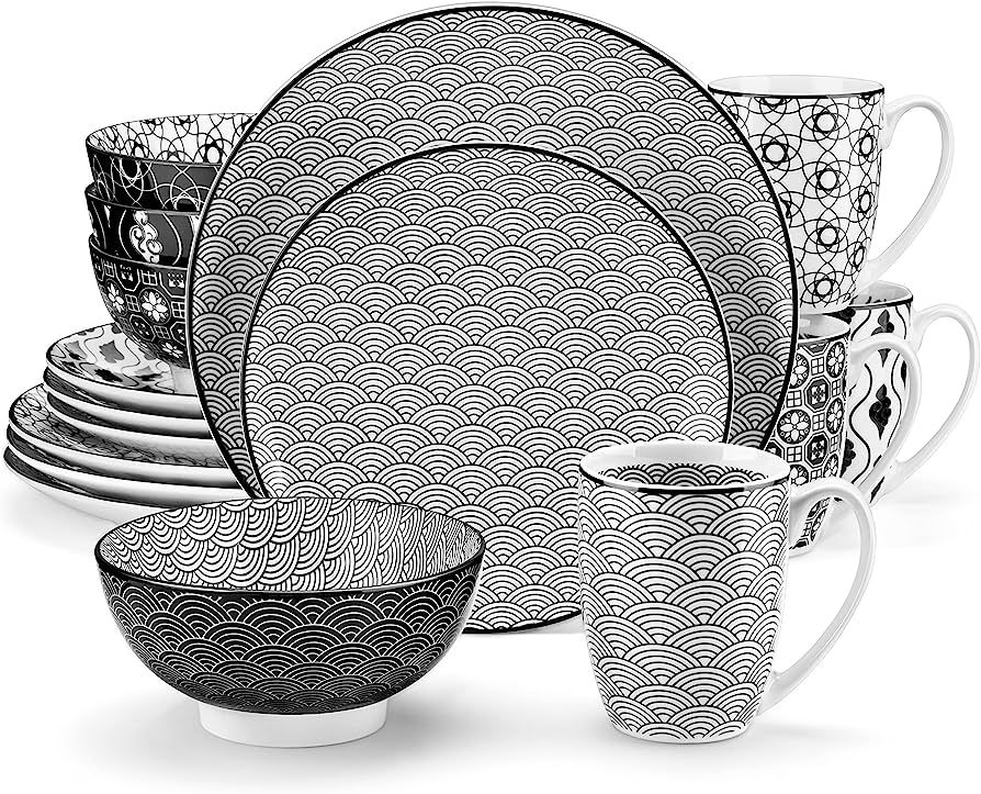 vancasso Ceramic Dinnerware Sets for 4 Haruka Bowls and Plates Set 16 Pieces Black and White Porc... | Amazon (US)