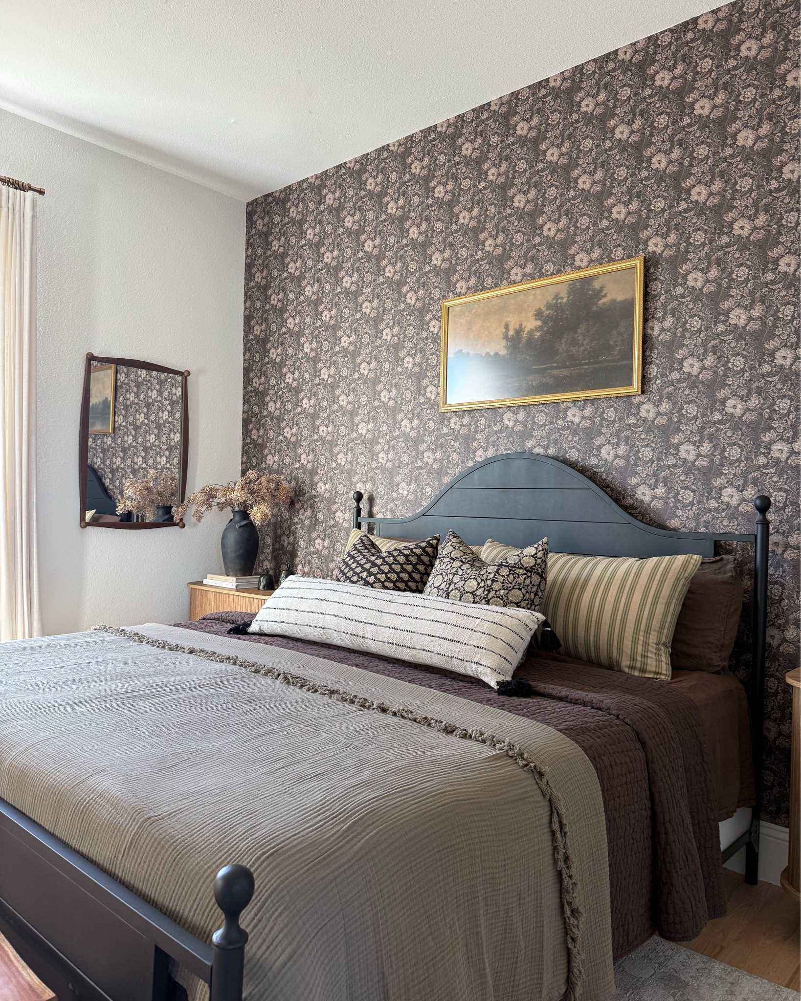 bedding, Joon Loloi, king shams, throw pillows, mirror, wallpaper, vintage inspired decor, black bed frame, curtains, ceiling fan, woven bench, end of bed bench 

#LTKHome