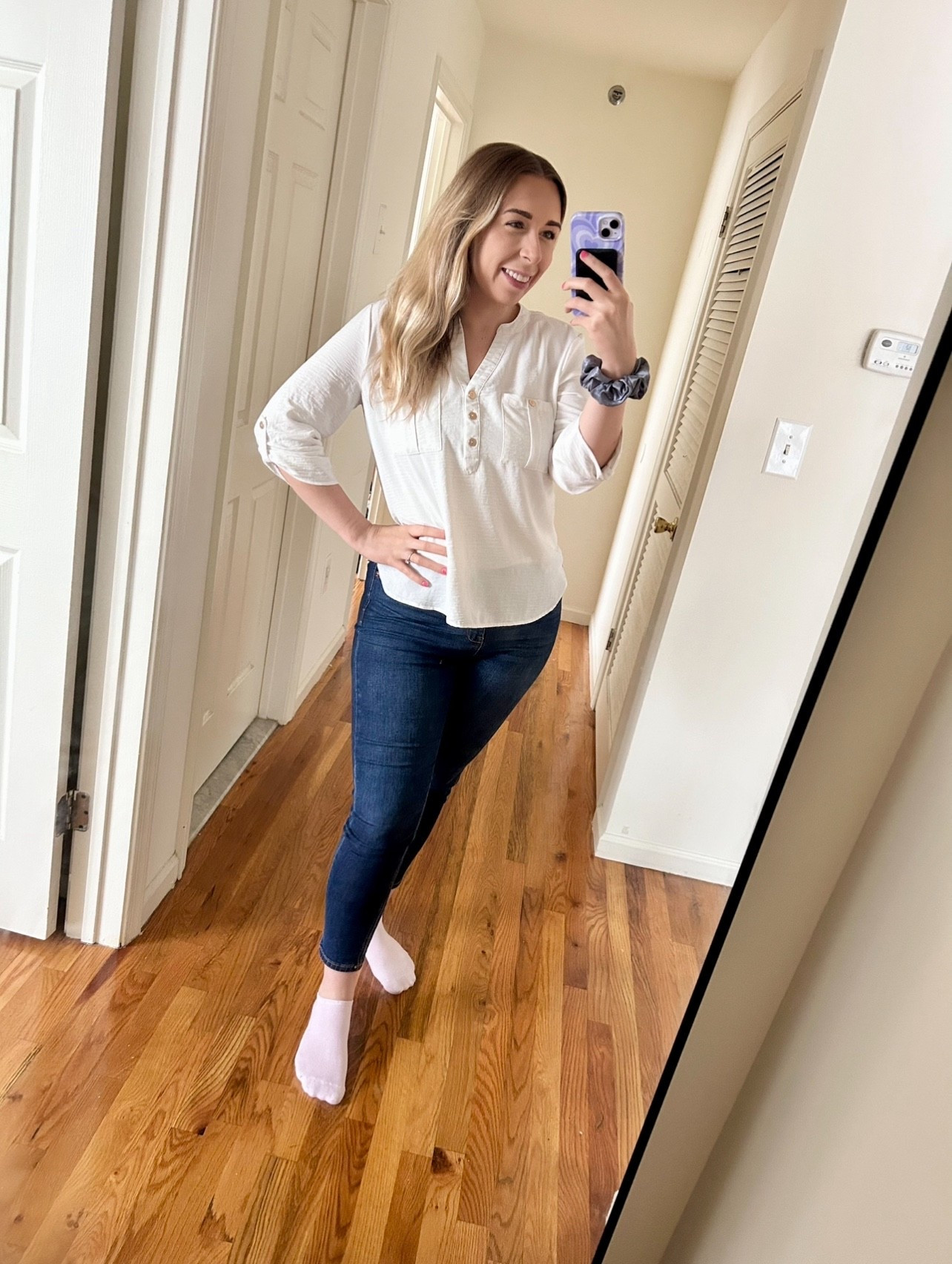 another selfie before work! Today’s outfit is simple. Jeans, a white blouse and a smile 

#LTKBeauty #LTKU #LTKWorkwear