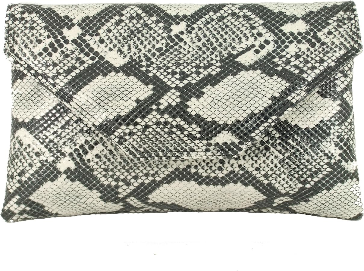 LONI Womens Stylish Large Envelope Faux Snakeskin Clutch Bag/Shoulder Bag in Black/Off-White | Amazon (US)