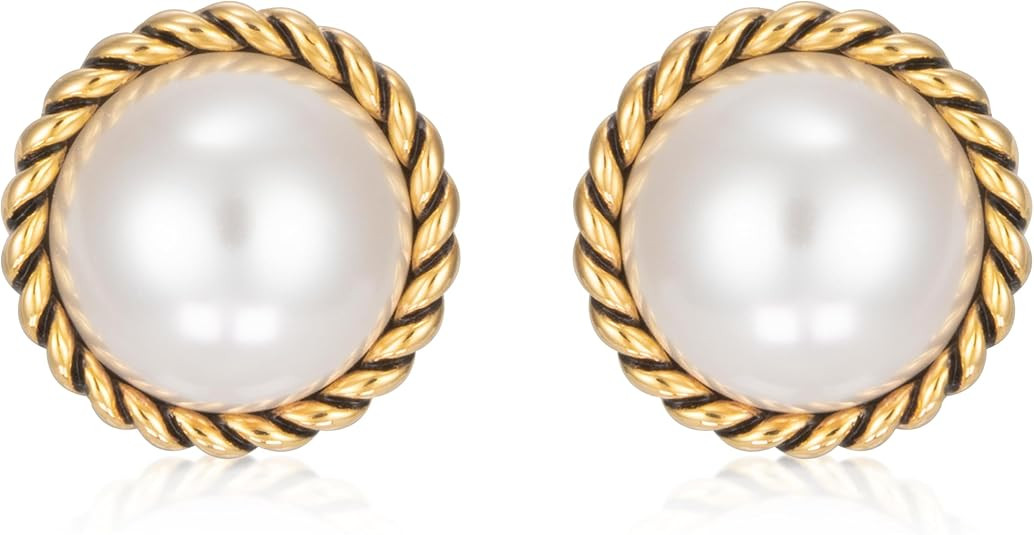 Big Pearl Earrings for Women - Dainty Elegant Gold Statement White Pearl Stud Earrings | Amazon (US)