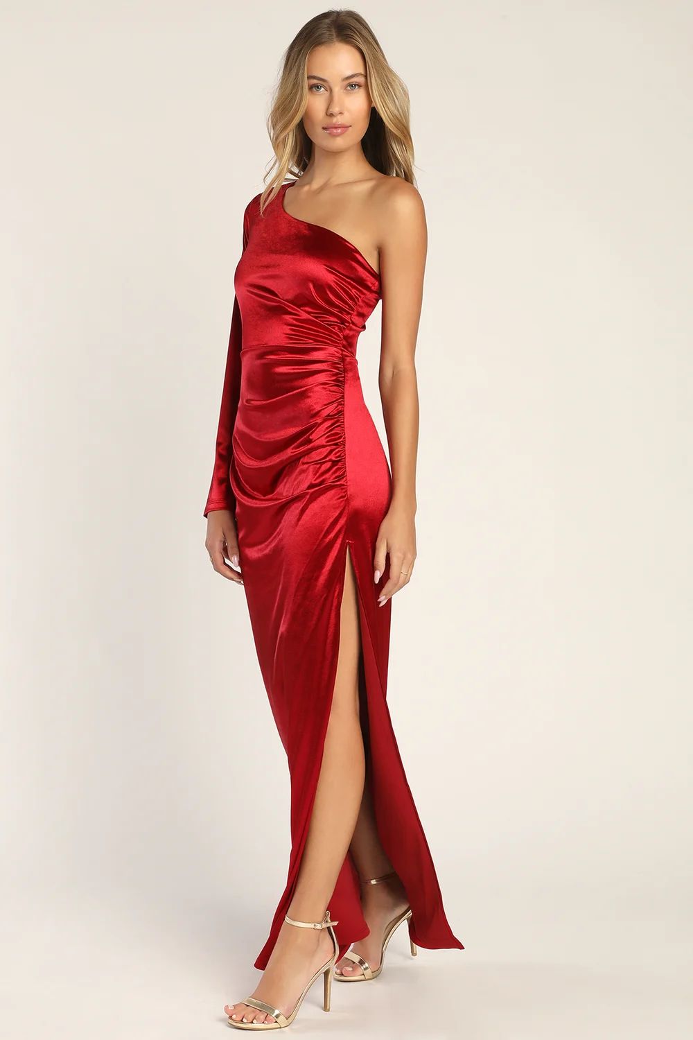 Passionate Poise Red Satin One-Shoulder Ruched Maxi Dress | Lulus (US)