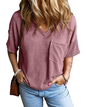 EVALESS Womens Fashion Short Sleeve Shirts Oversized Knitted Tops Sexy V Neck Blouses for Women L... | Amazon (US)