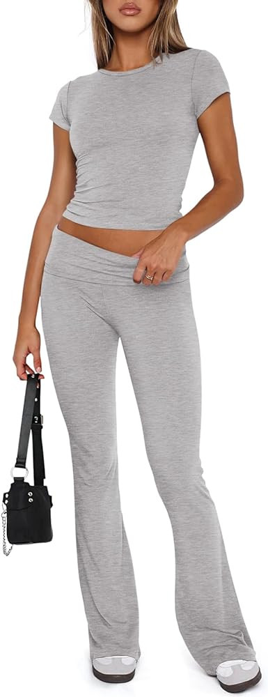REORIA Women's Casual Outfits Soft Short Sleeve Crop Top Fold Over Flare Pants Y2K 2 Piece Pajama... | Amazon (US)
