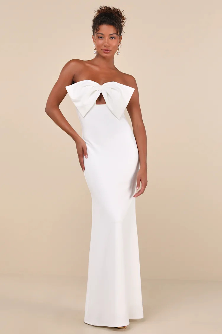 Coveted Glamour White Strapless Bow Mermaid Maxi Dress | Lulus