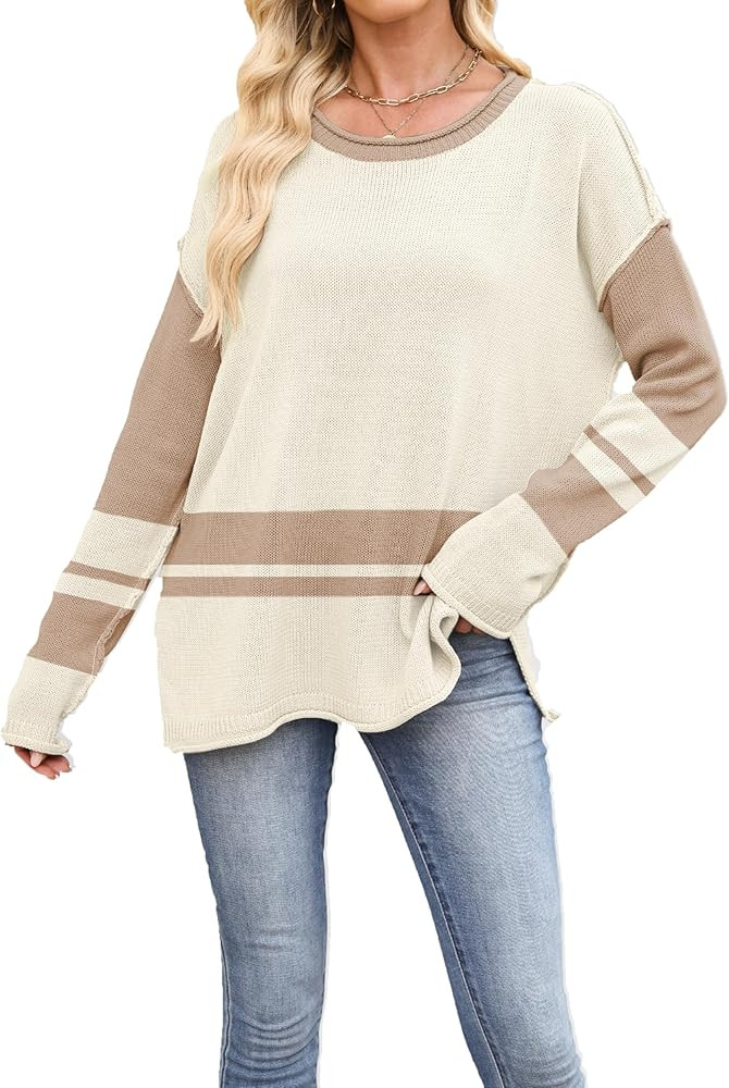 Zontroldy Sweaters Fall Trendy Casual Color Block Long Sleeve Side Slit Stripe Knitted Pullover S... | Amazon (US)
