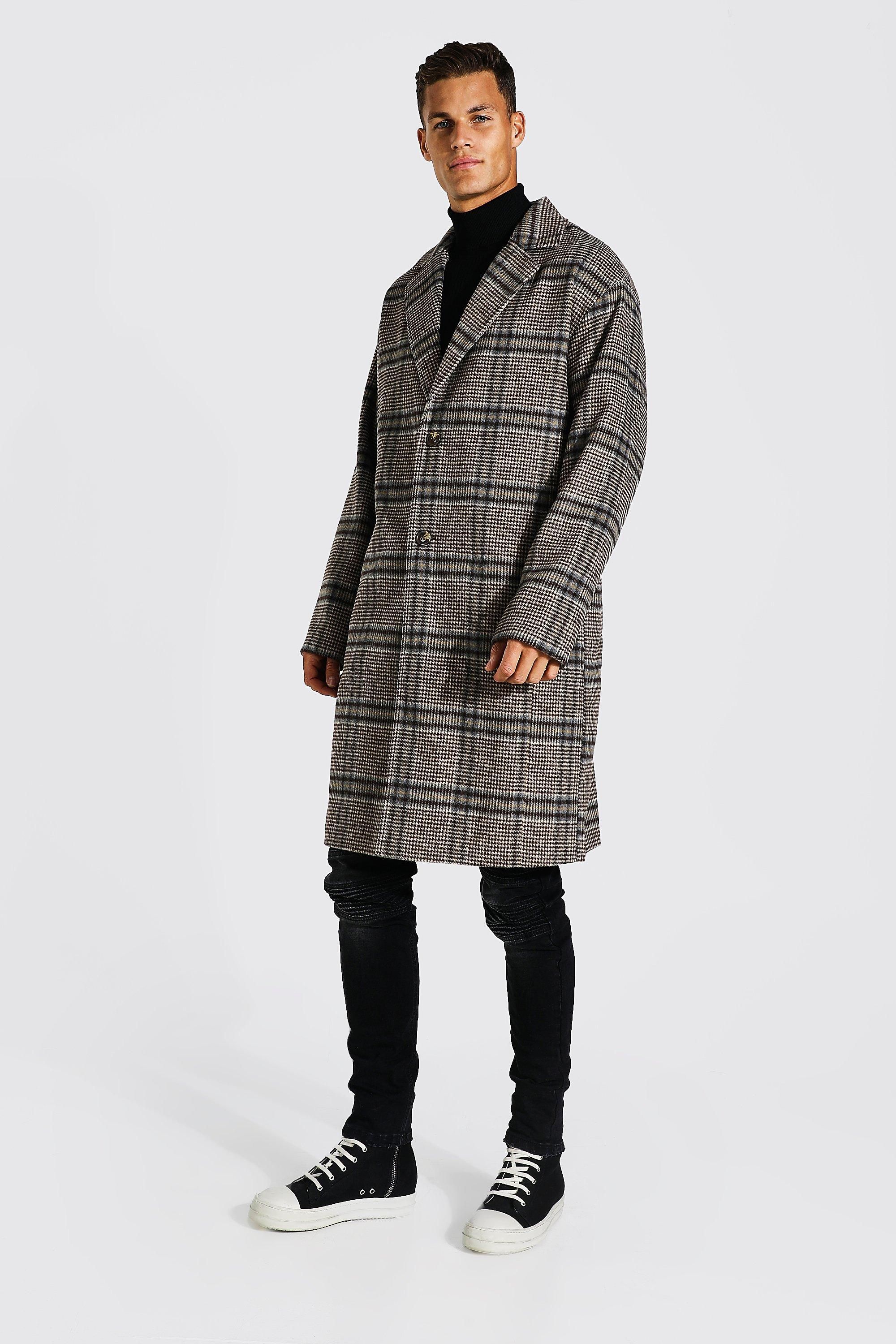 Tall Grid Check Single Breasted Overcoat | boohooMAN (DE, IE & UK)
