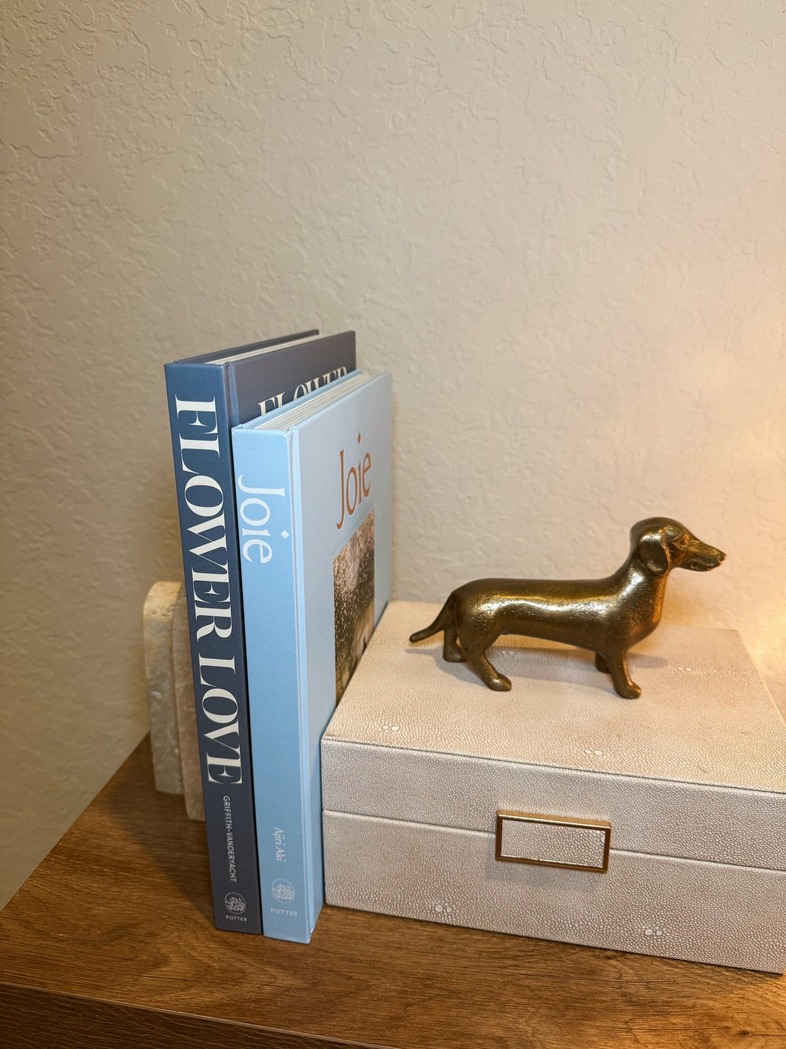 Console table styling - pops of color using decor books, stone book ends, accent box, decorative dachshund of course 🤍

#LTKHome #LTKFamily #LTKFindsUnder100
