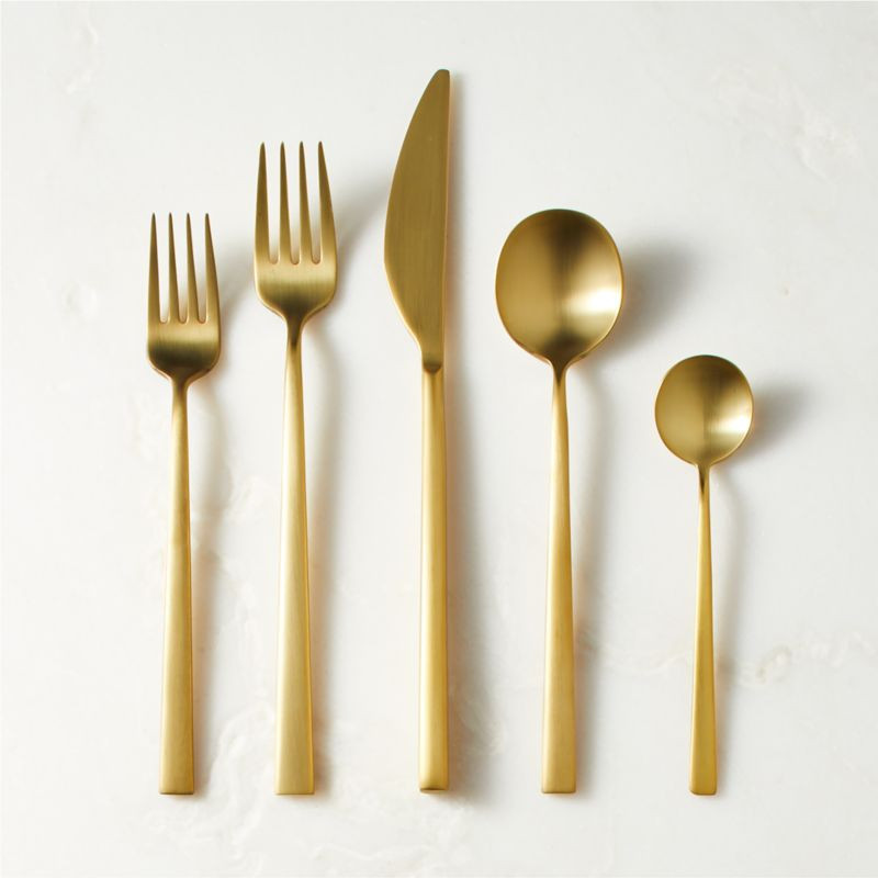 Galileo 5-Piece Brushed Gold Flatware Set + Reviews | CB2 | CB2