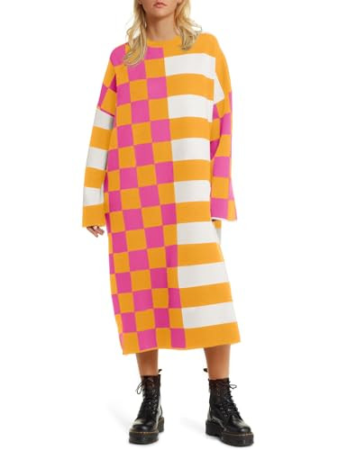 Saodimallsu Womens Striped Checkered Sweater Dress Oversized Color Block Crewneck Long Sleeve Knit Midi Dresses | Amazon (US)