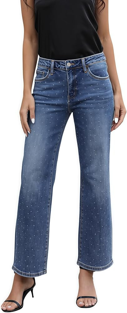 ONESO Mid-Low Rise Baggy Jeans Wide Leg for Women Distressed Pants Stretchy Bottom Lady Basic Com... | Amazon (US)