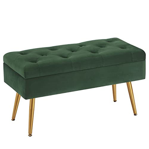 Gitrah Storage Bench Entryway Bench End of Bed Bench Ottoman Upholstered Velvet Bedroom Bench Tufted Bench with Golden Legs 32" Dark Green | Amazon (US)