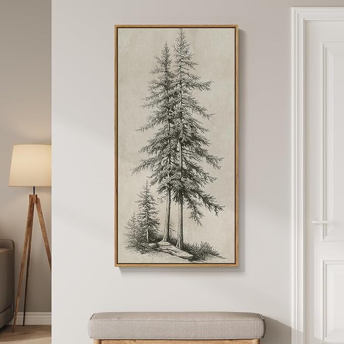 Framed Vertical Vintage Sketch Tree Living Room Wall Art, Large Black Beige Rustic Pine Artwork f... | Amazon (US)