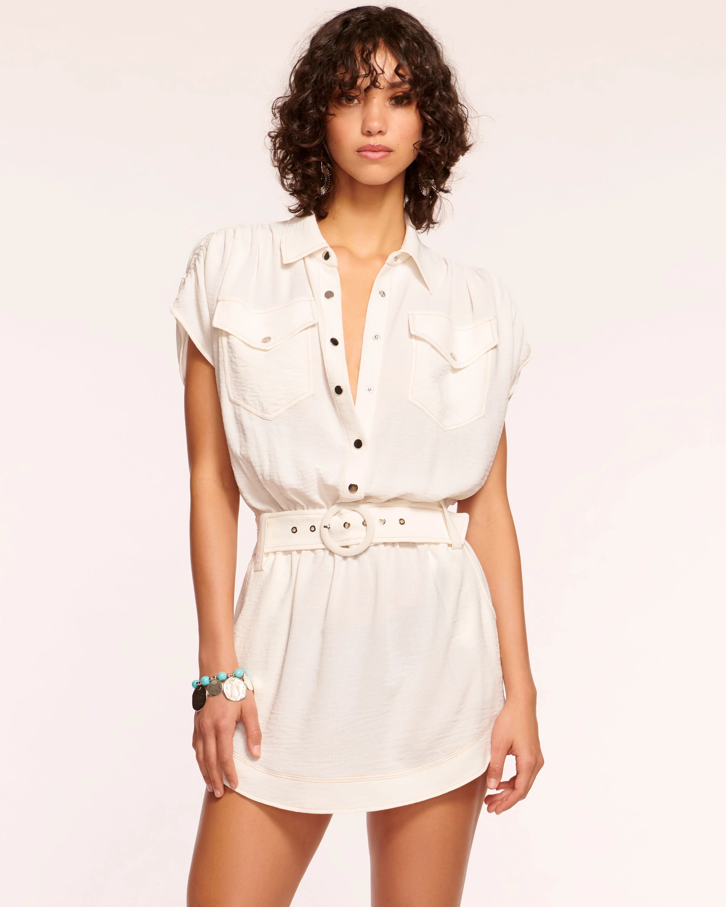 Bess Short Sleeve Belted Mini Dress in Ivory | Ramy Brook
