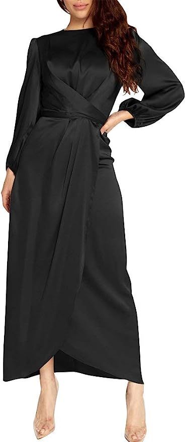 PINUPART Women's Elegant Empire Waist Long Sleeve Satin Maxi Dress | Amazon (US)