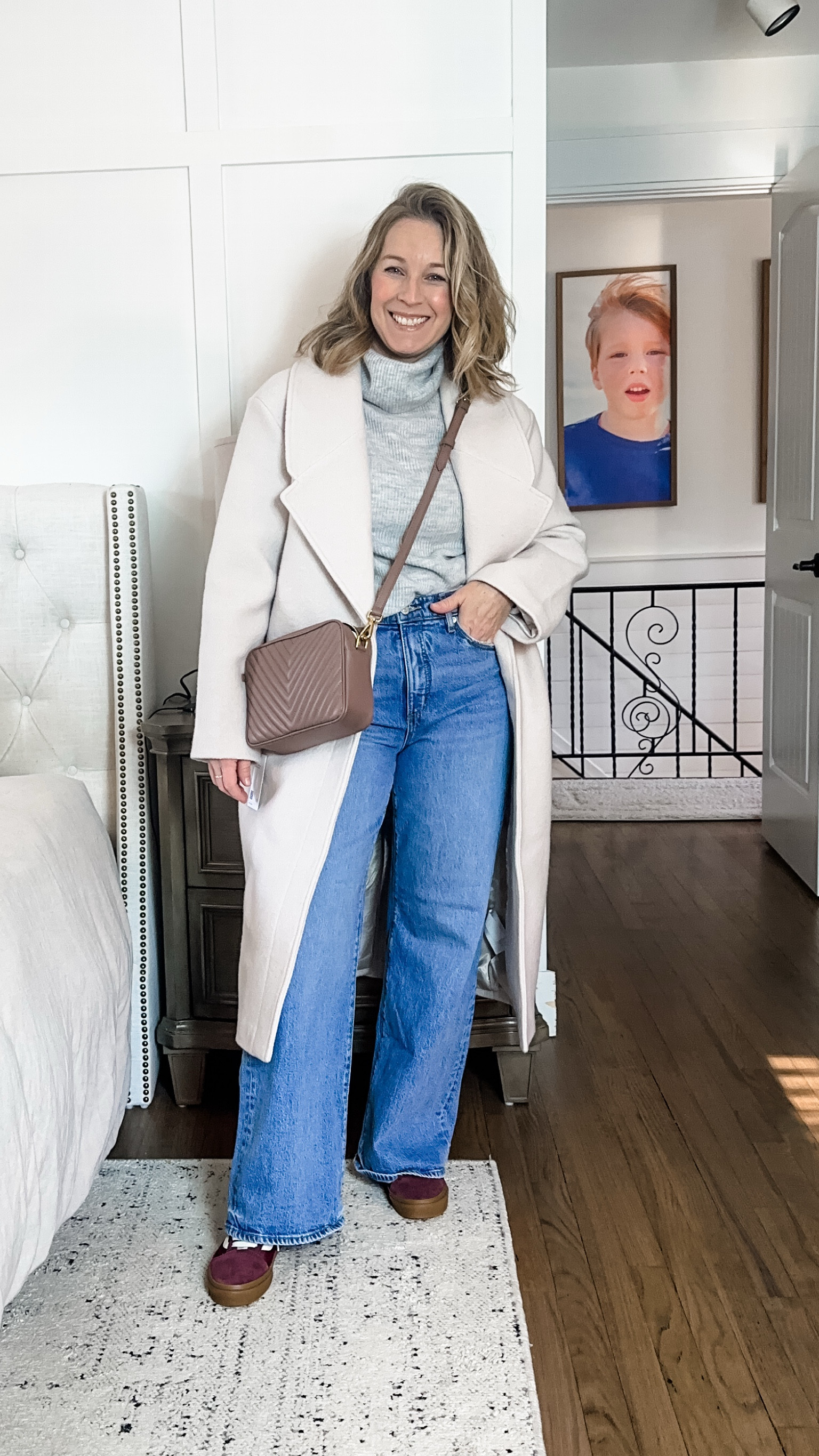 3 closet staples, perfect for that capsule wardrobe! A light gray turtleneck sweater. I sized up to a L to get the extra slouchy fit. It’s SO soft and effortless with the prettiest balloon sleeves. M coat and it’s so Olivia Pope! IYKYK. It’s the nicest tannish/blush and while I couldn’t gotten a S, this will allow the room to wear a heavier sweater. Their bags are so amazing. 100% leather and so timeless! This one is a pretty taupe and giving all of the YSL vibes. Has an adjustable strap and is a classic look, perfect for a night out or everyday use. What do you think?! 
Jeans are a size down; 28, regular length. 


#LTKWatchNow #LTKFindsUnder100 #LTKStyleTip

#LTKOver40 #LTKFindsUnder100 #LTKStyleTip