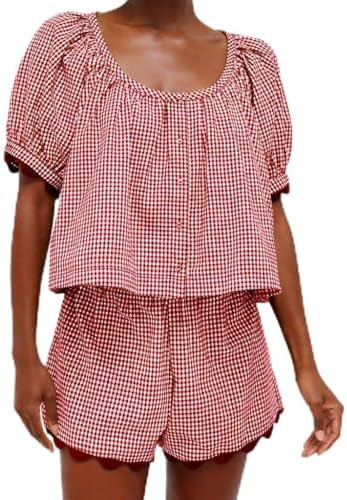 VAOYIU Two Piece Sets for Women Summer Casual Gingham Outfits | Puff Sleeve Scoop Neck Cropped To... | Amazon (US)