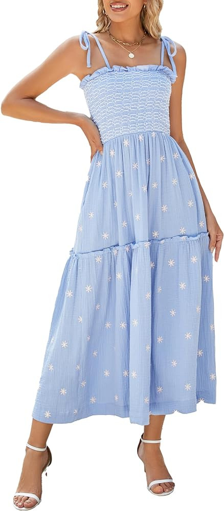 Women Floral Embroidered Maxi Dress Sleeveless Tie Shoulder Smocked Flowy Dress Boho Summer Sundr... | Amazon (US)