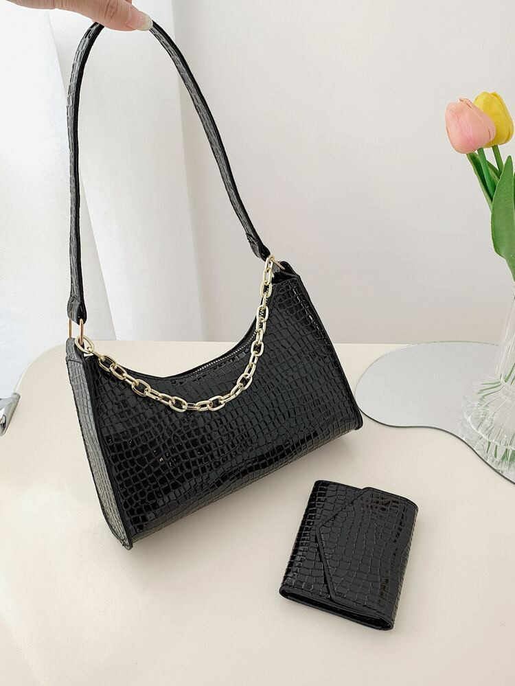 Crocodile Embossed Chain Decor Baguette Bag With Purse | SHEIN