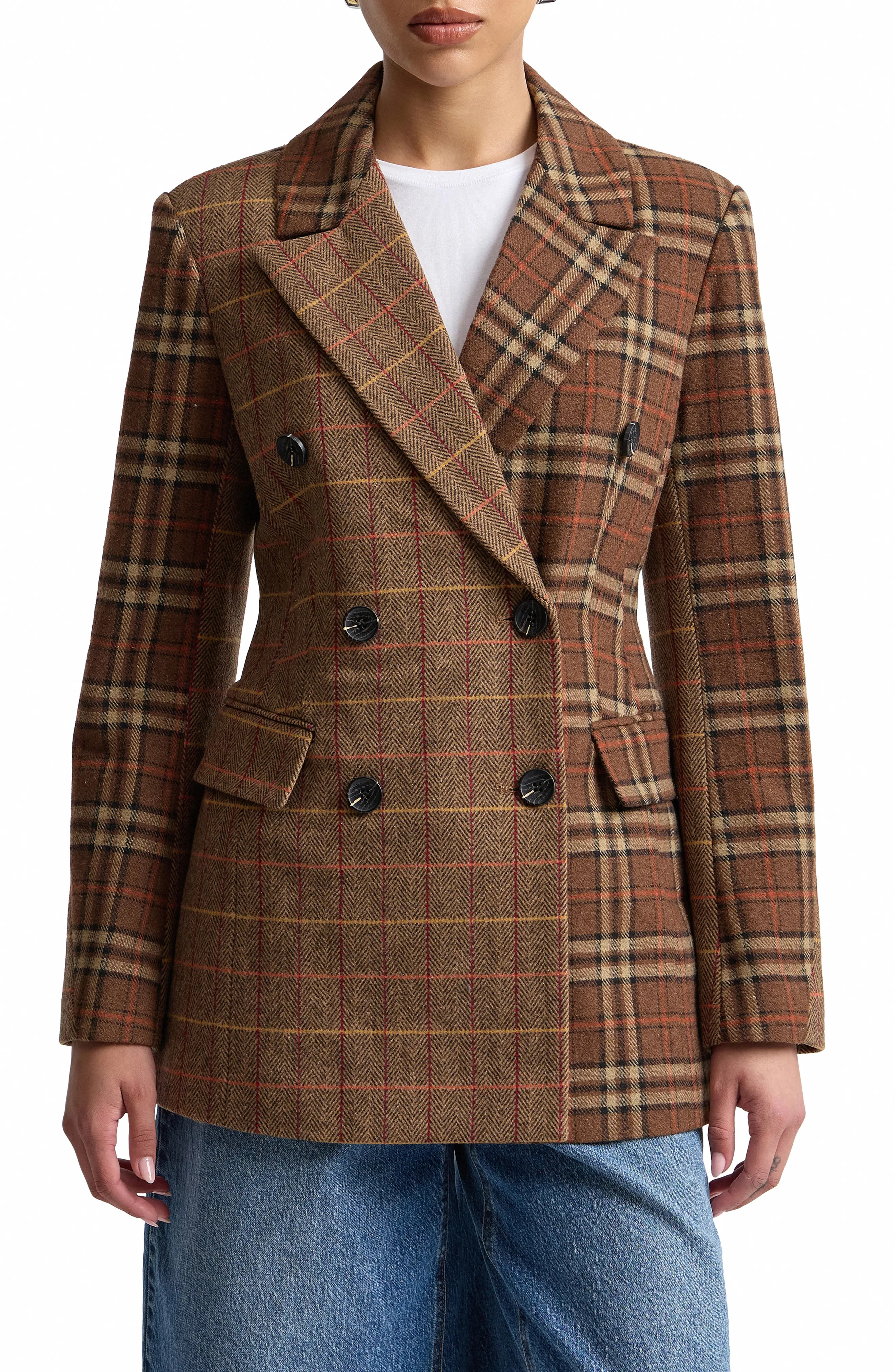 Avec Les Filles Mixed Plaid Hourglass Jacket in Brown Chevron Plaid at Nordstrom, Size Small | Nordstrom