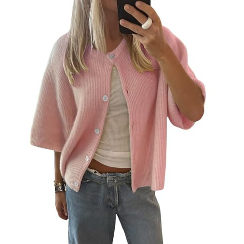 Women Y2k Knitted Crop Cardigan Short Sleeve Button Up Rib Knit Solid Color Cute Sweater Shirt (US, Alpha, Small, Regular, Regular, Pink) | Amazon (US)