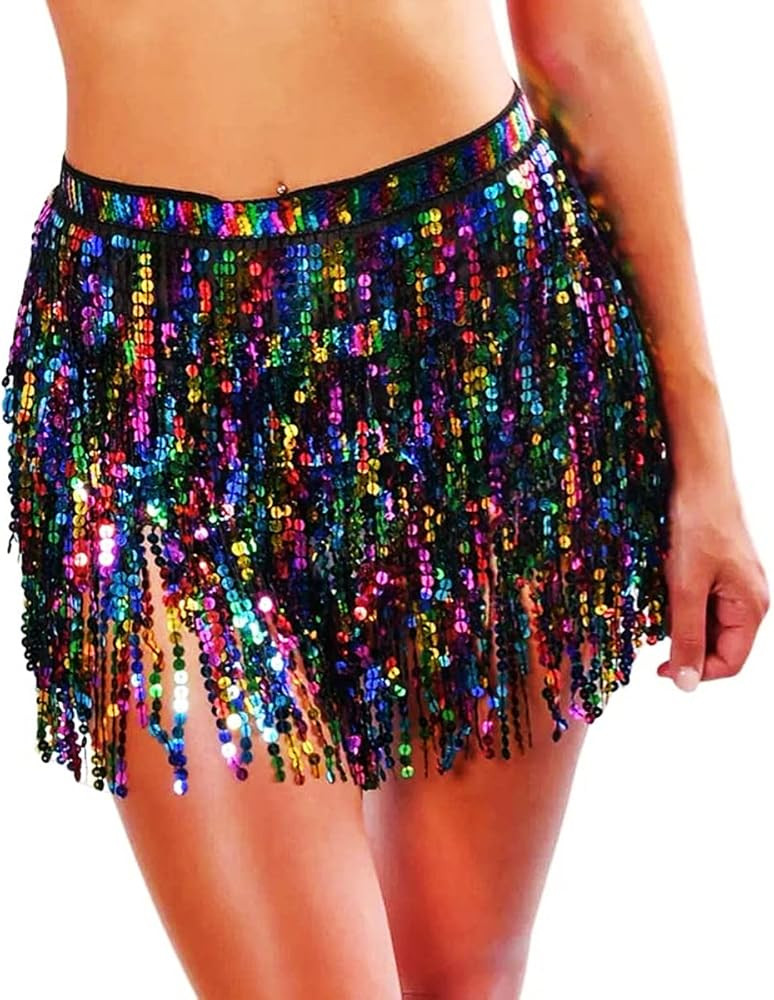 Women Boho Beach Sequin Tassel Mini Skirts Music Festival Party Club Hip Scarf Belt Wrap Skirt | Amazon (US)