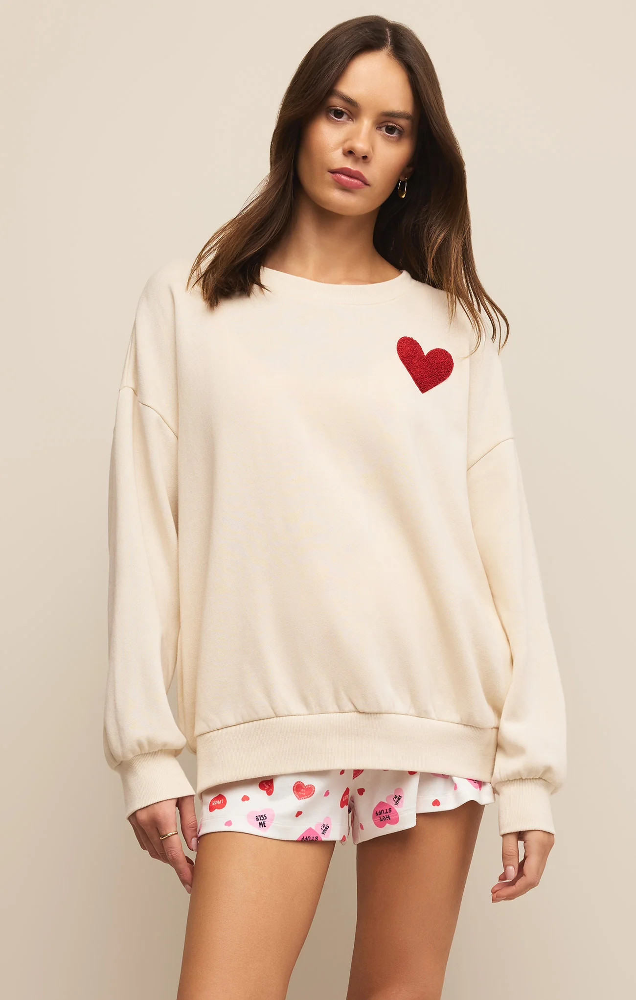 Z SUPPLY Lounge Women's Oversized Heart Sweatshirt, Vanilla Ice, Medium | Z Supply