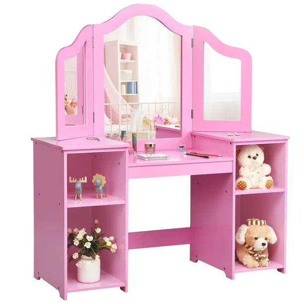 Costway Vanity Table Set Makeup Dressing Kids Girls Study Table Tri Folding Mirror  WhitePink | Walmart (US)