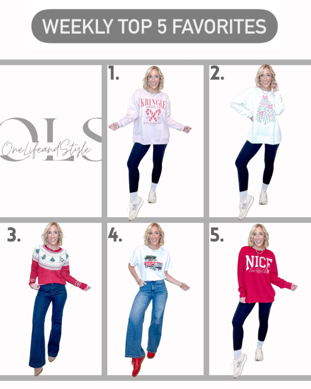 Last week’s 5 favorites:

1. Kringle Canes Graphic Fleece - size Medium. $12.98. Comes in 4 colors. * Leggings - size small * Sneakers - tts. 
2. Soft Tree Graphic Fleece - size Medium. $12.98. Comes in 4 colors.
3. Fair Isle Christmas Tree Sweater - size Small.$19.98. Comes in 4 colors. * Trouser Flare High-Rise Jeans - size 0. $24.
4. Girls Short Sleeve Boxy Graphic T-Shirt - size XL (this is a girl's brand), but probably could have gone down a size. $7.49. * Jeans - size 25.
5. Nice List Club Graphic Sweatshirt - size 0X (plus size brand). $19.98. Also comes in green.

#LTKFindsUnder50 #LTKSeasonal #LTKHoliday