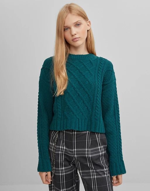 Bershka cable knit chenille sweater in green | ASOS (Global)