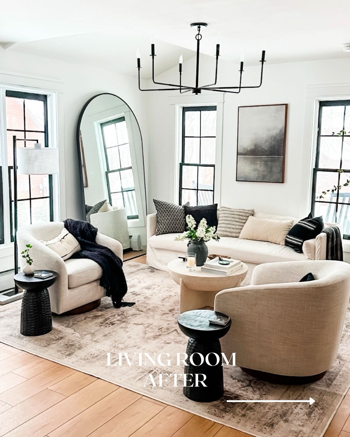 After renovation photos of our small living room, our breakfast nook and kitchen views with 10 ft long waterfall island. 

🏷️ home Inspo // renovations // small living room furniture // large arched mirror // barrel chairs // living room rug // side table // accent table // kitchen pendants // kitchen decor // faux floral stems 

#LTKStyleTip 

#LTKHome