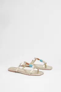 Gold Wide Fit T Bar Beaded Sandals | Boohoo | Boohoo.com (UK & IE)