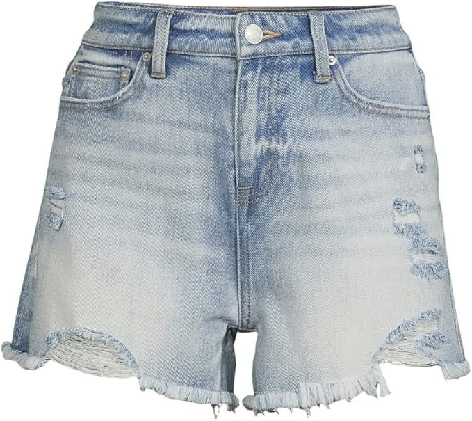 Time and Tru Women's High Rise 4” Inseam Frayed Hem Vintage Denim Short | Amazon (US)