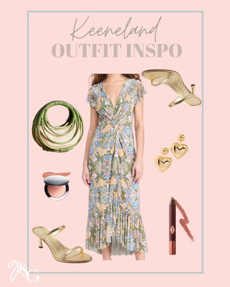 Spring outfit inspo // Keeneland outfit idea // printed maxi dress, gold heels, heart earrings, spring wedding guest dress 

#LTKSeasonal #LTKstyletip #LTKwedding