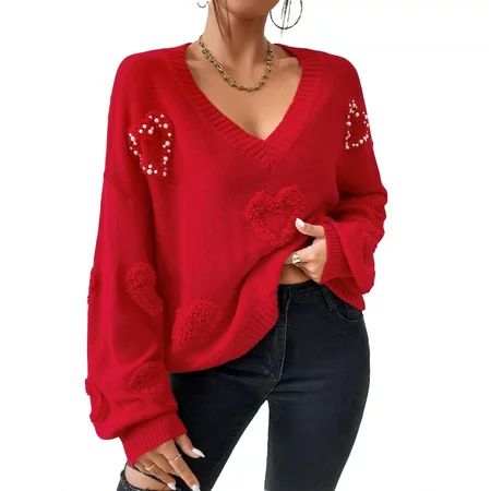 Casual Heart Pullovers V neck Red Long Sleeve Women s Sweaters | Walmart (US)