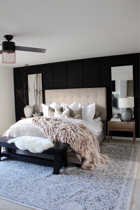 Bedroom, bed, bench, mirror, ceiling fan, lamp, pillow, blanket 

#LTKstyletip #LTKhome #LTKfamily