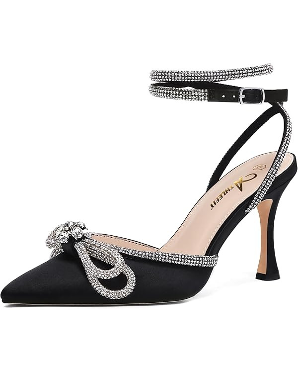 Athlefit Women's Rhinestone Bow Heels Ankle Strap Pointed Toe Stiletto Heeled Sandals Wedding Bri... | Amazon (US)