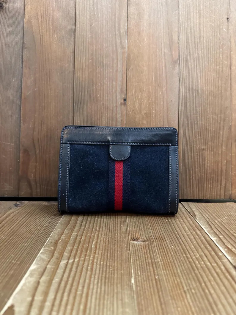 Authentic Vintage GUCCI Web Nubuck Leather Vanity Clutch Bag Navy Small - Etsy | Etsy (US)