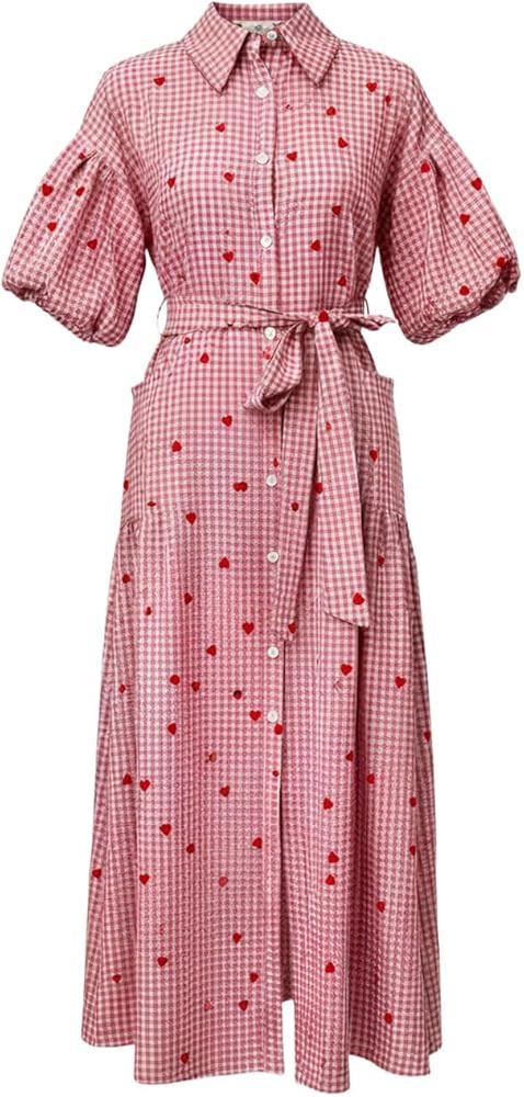 Christmas Plaid Dress Women Button Down Puff Sleeve Tie Waist Shirt Dresses Ruffle Hem Long Loose... | Amazon (US)