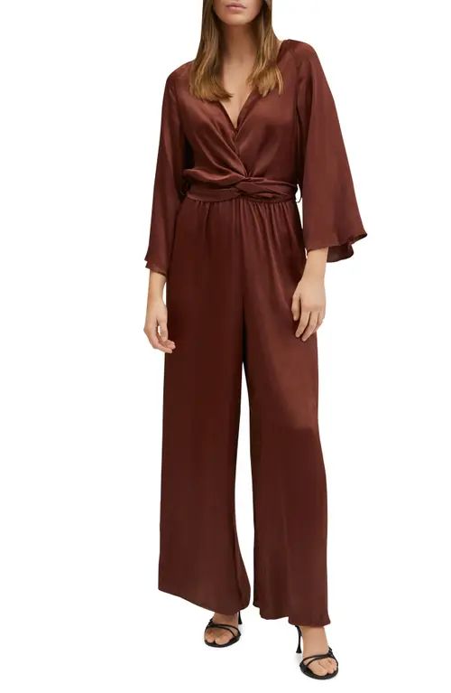 MANGO Belted Satin Wide Leg Jumpsuit in Brown at Nordstrom, Size Small | Nordstrom