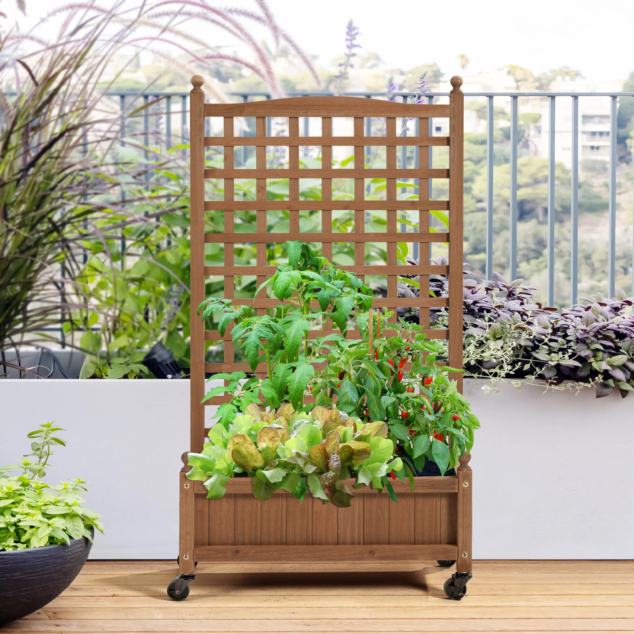 Allistir 50" H Wood Planter Box with Trellis and Wheels | Wayfair North America