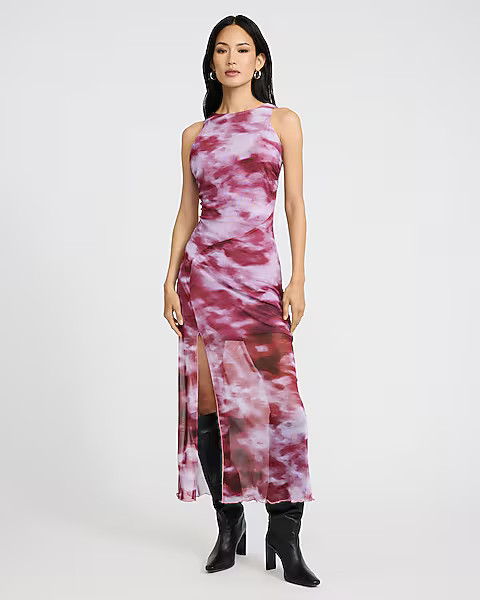 Printed Mesh Crew Neck Sleeveless Ruched Midi Dress | Express