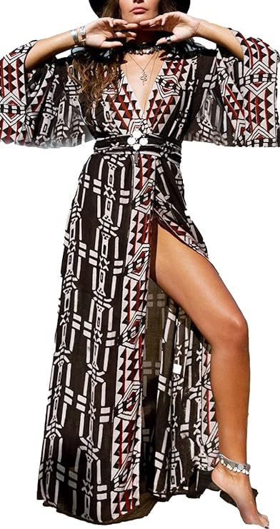 Swimsuit Coverup Kimonos for Women Bird Geometry Print 3/4 Sleeve Kimono Robe Loose Open Front Ki... | Amazon (US)