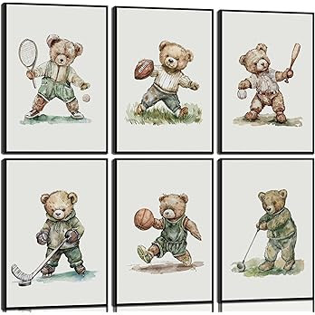 6Pcs Nursery Teddy Bear Sports Wall Art Boy Sports Canvas Wall Decor Vintage Cute Animal Posters ... | Amazon (US)